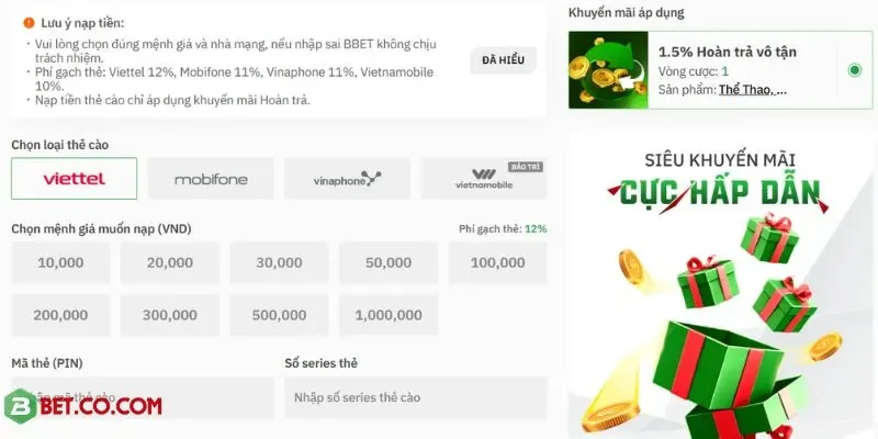 Đa phương thức nạp tiền, nhận ưu đãi hấp dẫn dễ dàng tại BBET